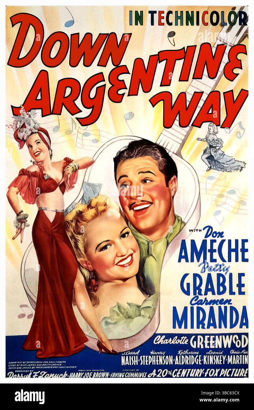 1940 Poster für den amerikanischen Musikfilm Down Argentine Way. Musikfilm in Technicolor. Die Stars: Betty Grable, Don Ameche und Carmen Miranda. Stockfoto