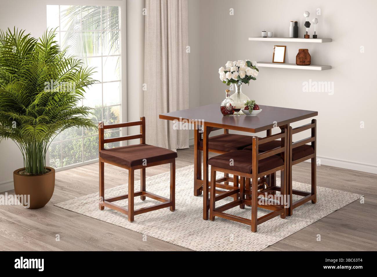 3D-Rendering, modernes Esszimmer. Inneneinrichtung. Esstisch Stockfoto