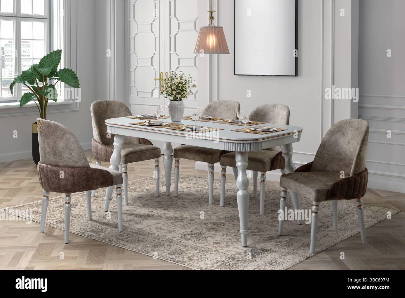 3D-Rendering . Klassisches Esszimmer. Klassisches Interieur Stockfoto