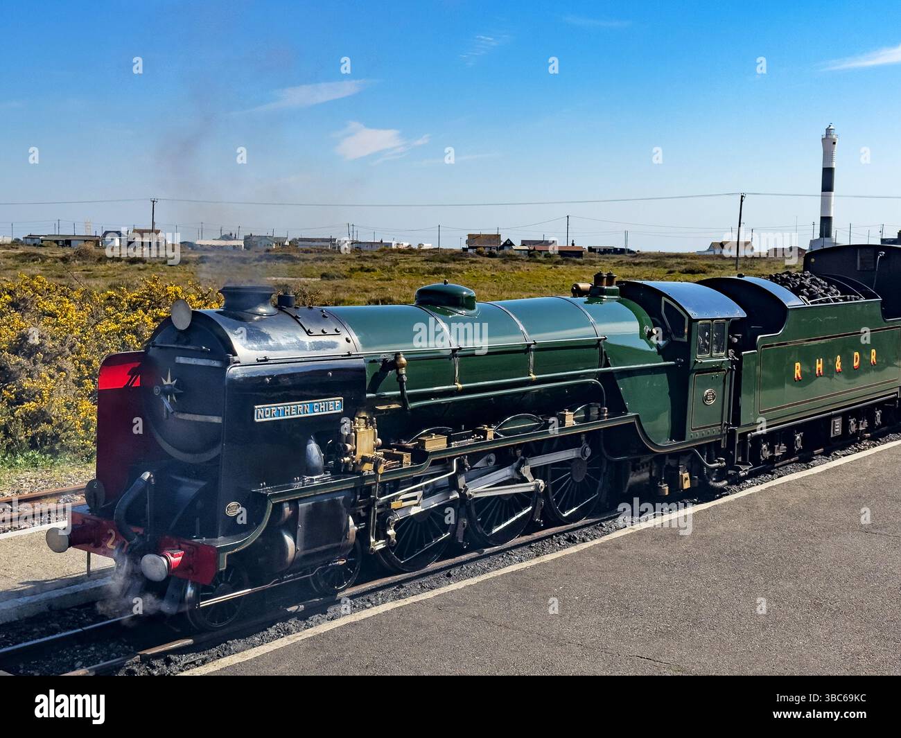Dampflokomotive in Dungeness von der Romney Hythe and Dymchurch Railway Stockfoto