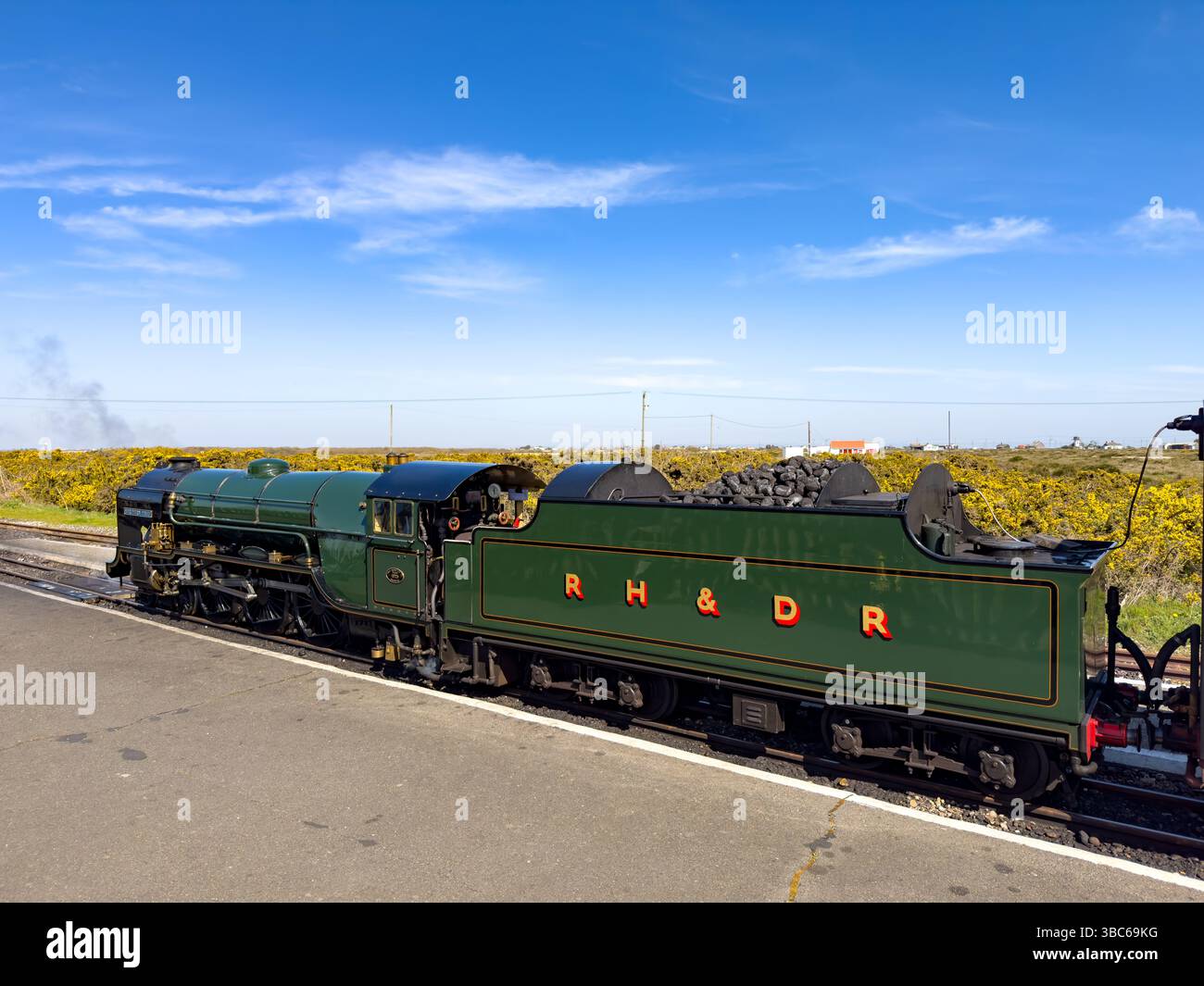 Dampflokomotive in Dungeness von der Romney Hythe and Dymchurch Railway Stockfoto