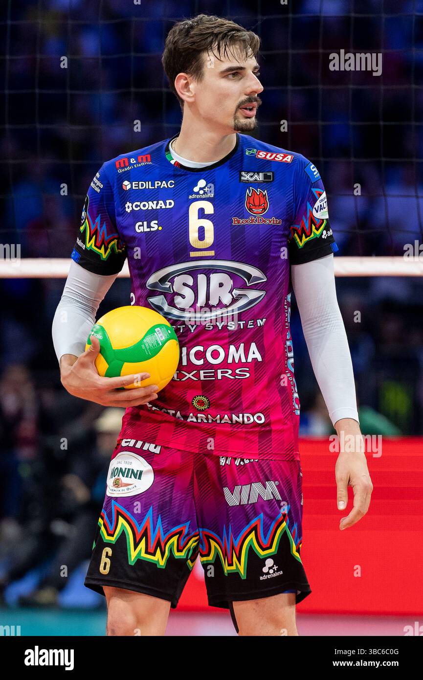 Atlas Arena, Lodz, Polen. Mai 2025. 2025 CEV Champions League Volleyball Finale vier; Aluron CMC Warta Zawiercie gegen Sir Sicoma Monini Perugia; Simone Giannelli (Perugia) Credit: Action Plus Sports/Alamy Live News Stockfoto