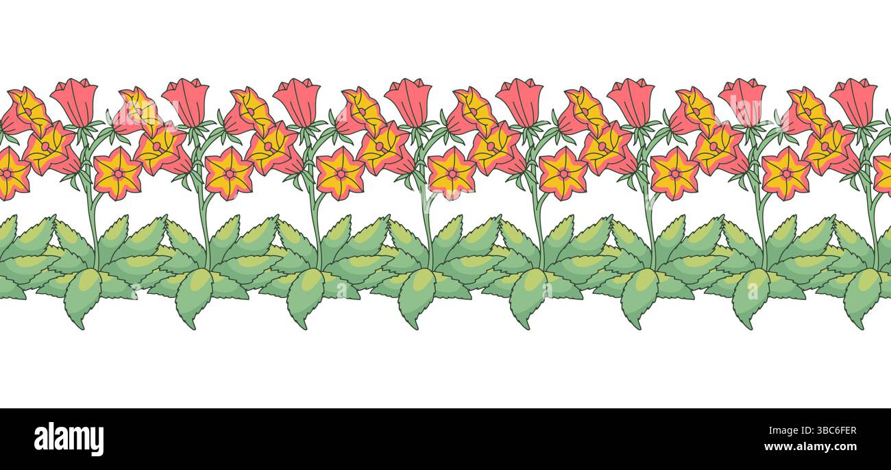 Streifenmuster mit Linienart kanarische Inseln Blumen Glockenblume. Horizontaler, nahtloser Blumenrand mit handgezeichnetem Millefleur Stock Vektor