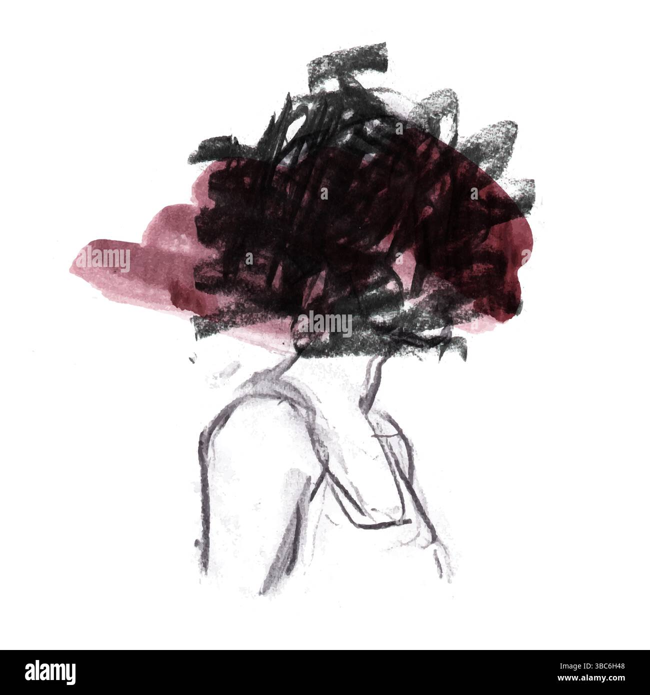 Emotionale Holzkohleskizze einer verstörten Frau mit Augen, die von einem dunklen Fleck verdeckt sind Stock Vektor