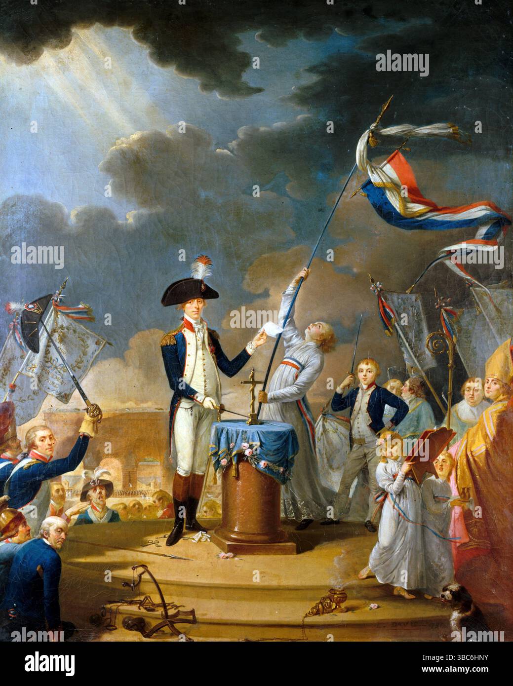 Der Eid von La Fayette, der am 14. Juli 1790 bei der Fête de la Fédération abgelegt wurde, einem entscheidenden Moment der Französischen Revolution. Gemälde von Jacques-Louis David. "Le Serment de La Fayette à la fête de la Fédération, le 14 Juillet 1790". Huile sur toile, 1791. Den Eid von La Fayette bei der Fête de la Fédération, Stockfoto