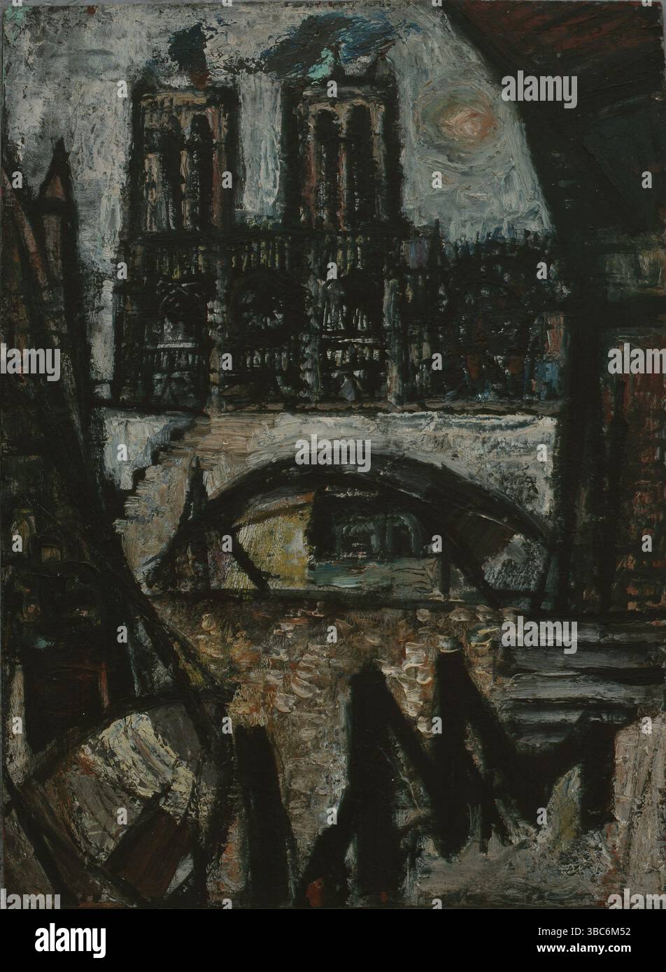AJAXNETPHOTO. 2007. SOUTHAMPTON, ENGLAND. - VISIONEN VON PARIS, FRANKREICH, DAS ALS GEMÄLDE DER KATHEDRALE NOTRE DAME GEDACHT WIRD. MODERNISTISCHER 1960S-STIL, ÖL AUF HOLZTAFEL BLICK AUF DIE BERÜHMTE KATHEDRALE DURCH BÖGEN VON BRÜCKEN ÜBER DIE SEINE VON UNBEKANNTEM KÜNSTLER. UNDATIERTES ANSTREICHEN. VERWAISTE KUNST GEFUNDEN. © DIGITAL IMAGE COPYRIGHT AJAX VINTAGE PICTURE LIBRARY QUELLE: AJAX VINTAGE PICTURE LIBRARY COLLECTION REF:RDP2007 18. Stockfoto