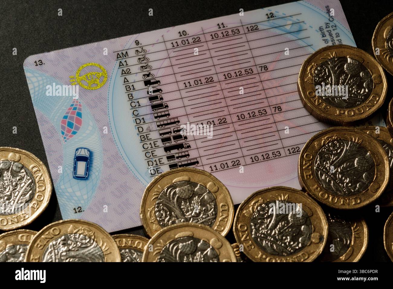 Nahaufnahme eines britischen Führerscheins mit Fahrzeugkategorien und Ausstellungsdaten, umgeben von britischen 1-Pfund-Münzen auf dunkler Oberfläche, Stafford, United Kin Stockfoto