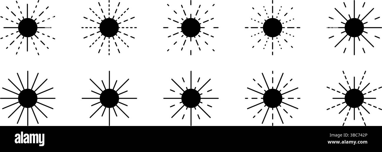 Feuerwerk-Symbole. Set von Sonnensymbolen. Starburst-, Sonnenstrahl- oder Sonnenstrahlschilder isoliert auf weißem Hintergrund. Piktogramm für Strahlungsstärke, Blitz oder Sonnenenergie. Dekorative Elemente. Vektorgrafik. Stock Vektor