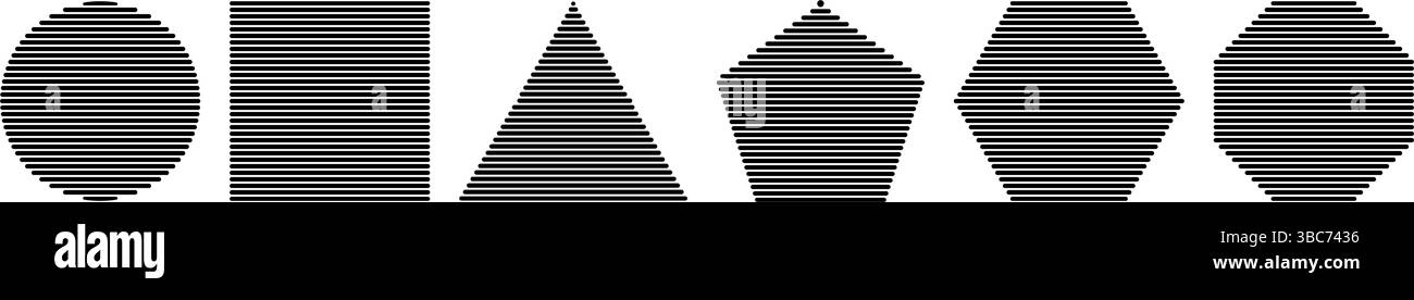 Grundlegende gestreifte geometrische Formen, isoliert auf weißem Hintergrund. Gestreifte Kreis-, Quadrat- und Dreieck-, pentagon-, Sechseck- und Achteckfiguren. Einfache Designelemente. Vektorgrafik. Stock Vektor