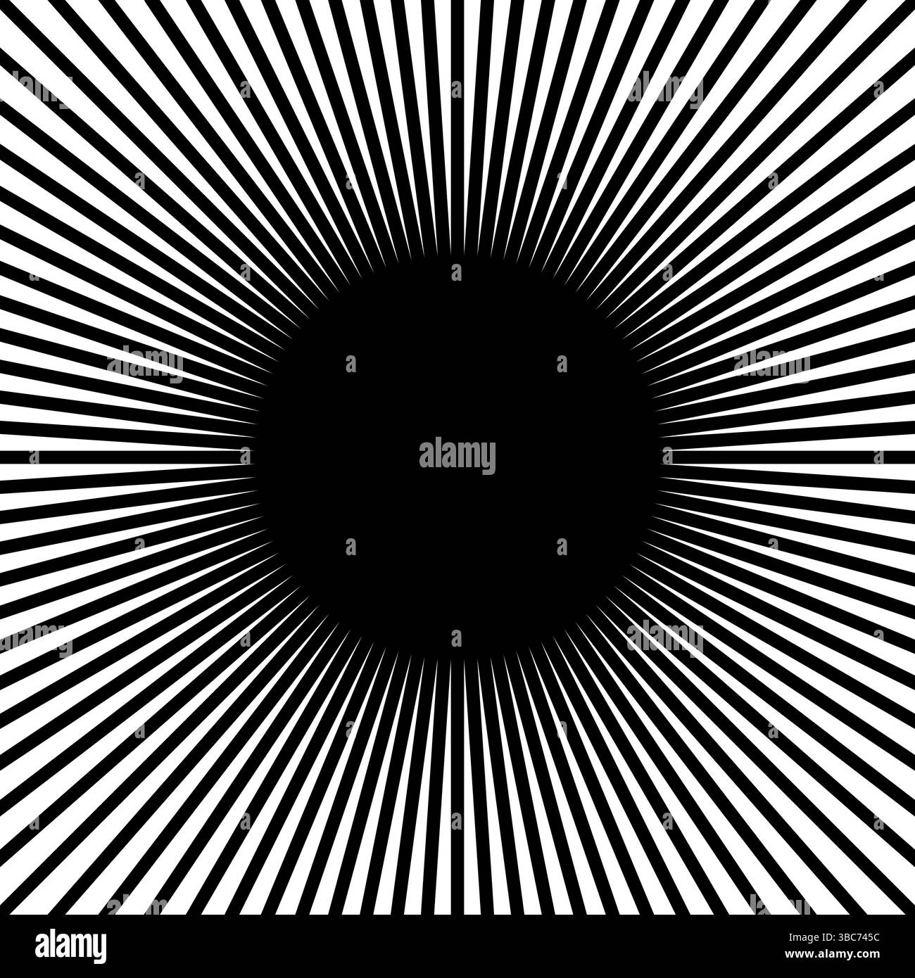 Gerade radiale Linien in quadratischer Form. Schwarze Sonnenstrahlen isoliert auf weißem Hintergrund. Drucken Sie mit hypnotischem Effekt. Sunburst-Schild. Strahlkraft, Explosion oder Feuerwerk. Vektorgrafik. Stock Vektor