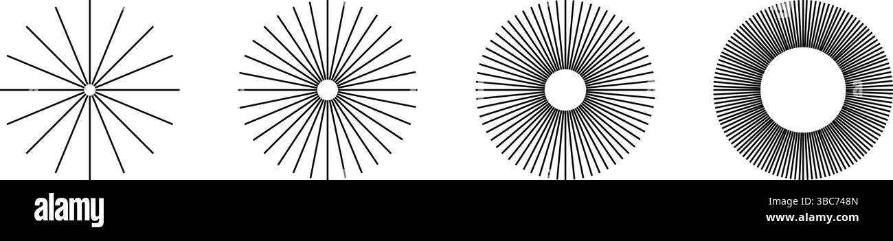 Gerade radiale Linien in runden Formen. Feuerwerk-Symbole. Piktogramme der Sonnenstrahlen. Sonnenstrahl-Schilder. Symbole für Strahlkraft, Energie oder Explosion auf weißem Hintergrund. Vektorgrafik. Stock Vektor