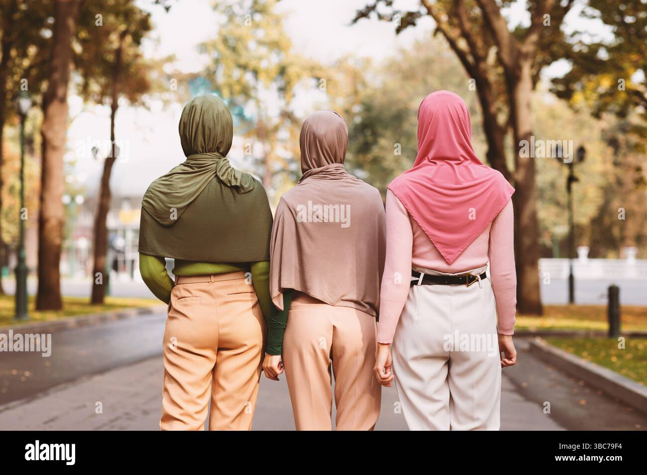 Rückansicht Von Drei Modernen Muslimischen Frauen, Die Im Park Spazieren Stockfoto