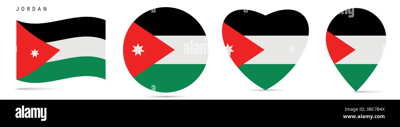 Jordan schwenkende Flagge, runder kreisförmiger Aufkleber, herzförmiges Symbol, Kartennadel. Haschemitisches Königreich Jordanien Flaggenknöpfe in verschiedenen Formen. Vektorillus Stock Vektor