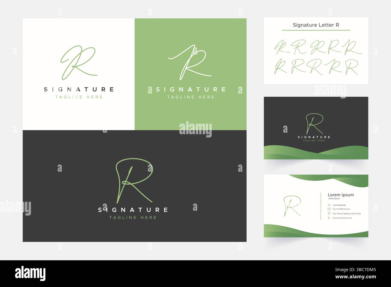 Handgeschriebenes Logo mit Buchstabe R und Visitenkarte Stock Vektor