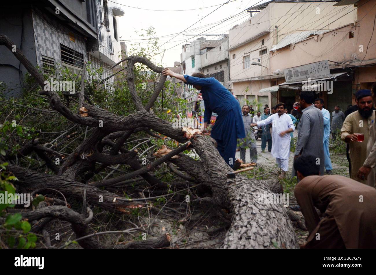Peshawar, Peshawar, Pakistan. Mai 2025. PESHAWAR, PAKISTAN - 18. MAI: Ein schwerer Sturm ereignete sich am Sonntag, 18. MAI 2025 in der pakistanischen Stadt Peschawar.aufgrund des Sturms, während mehrere Bäume und Stromanschlüsse gestürzt wurden, fielen einige Dächer von Häusern herunter. Mindestens zwei Menschen wurden getötet und vier weitere verletzt, nachdem ein heftiger Sturm mehrere Jahrhunderte alte Bäume aus der Mogul-Ära entwurzelte. Der Sturm verursachte erhebliche Schäden an der Infrastruktur, was Bedenken hinsichtlich der Erhaltung des städtischen anc aufkommen ließ Stockfoto