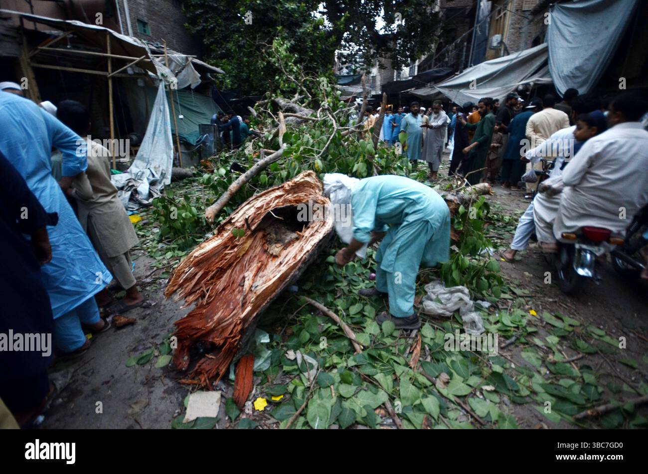 Peshawar, Peshawar, Pakistan. Mai 2025. PESHAWAR, PAKISTAN - 18. MAI: Ein schwerer Sturm ereignete sich am Sonntag, 18. MAI 2025 in der pakistanischen Stadt Peschawar.aufgrund des Sturms, während mehrere Bäume und Stromanschlüsse gestürzt wurden, fielen einige Dächer von Häusern herunter. Mindestens zwei Menschen wurden getötet und vier weitere verletzt, nachdem ein heftiger Sturm mehrere Jahrhunderte alte Bäume aus der Mogul-Ära entwurzelte. Der Sturm verursachte erhebliche Schäden an der Infrastruktur, was Bedenken hinsichtlich der Erhaltung des städtischen anc aufkommen ließ Stockfoto