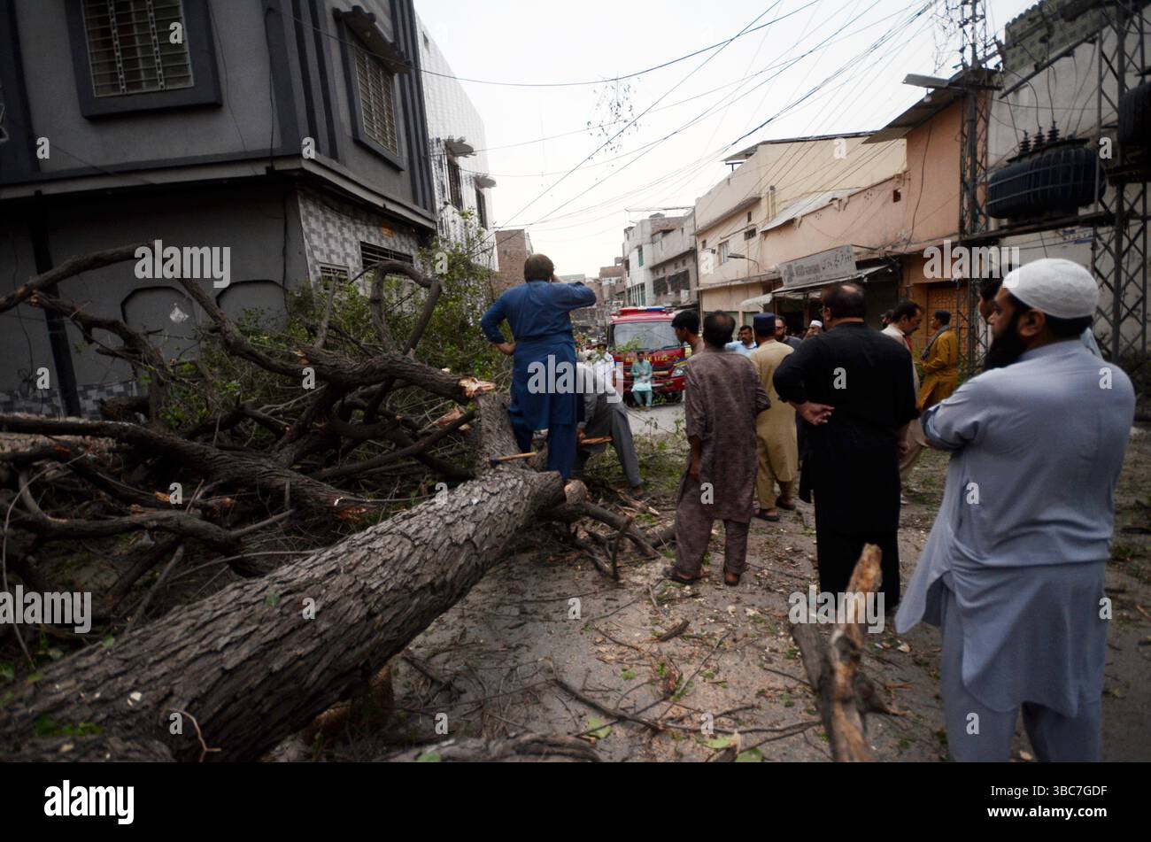 Peshawar, Peshawar, Pakistan. Mai 2025. PESHAWAR, PAKISTAN - 18. MAI: Ein schwerer Sturm ereignete sich am Sonntag, 18. MAI 2025 in der pakistanischen Stadt Peschawar.aufgrund des Sturms, während mehrere Bäume und Stromanschlüsse gestürzt wurden, fielen einige Dächer von Häusern herunter. Mindestens zwei Menschen wurden getötet und vier weitere verletzt, nachdem ein heftiger Sturm mehrere Jahrhunderte alte Bäume aus der Mogul-Ära entwurzelte. Der Sturm verursachte erhebliche Schäden an der Infrastruktur, was Bedenken hinsichtlich der Erhaltung des städtischen anc aufkommen ließ Stockfoto
