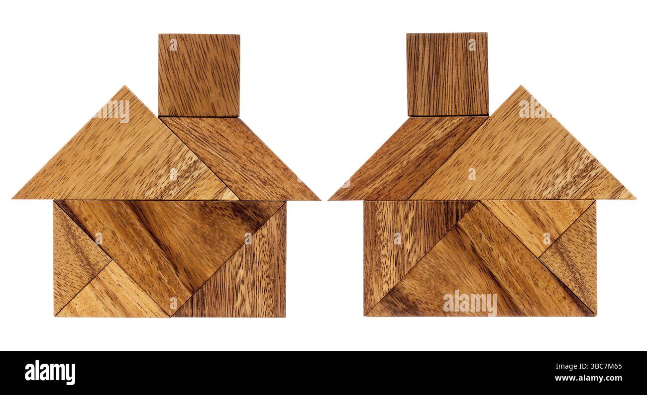Zwei abstrakte Bilder eines Hauses, das aus sieben Holzstücken aus Tangram gebaut wurde, ein traditionelles chinesisches Puzzlespiel Stockfoto
