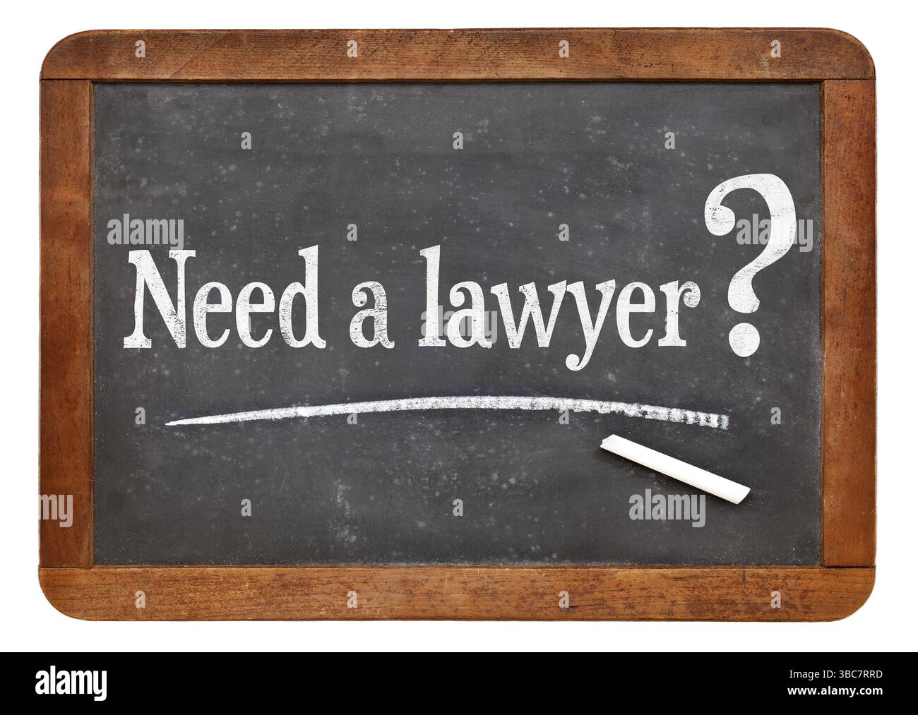 Ich brauche eine Anwaltsfrage auf einer alten Schiefertafel - ein juristisches Konzept Stockfoto
