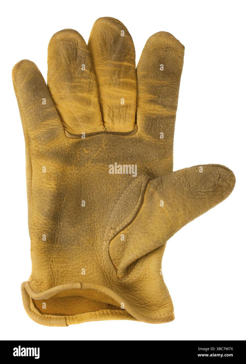 Abgenutzt, gelbes Hirschleder, rechter Handschuh, isoliert auf weiß Stockfoto