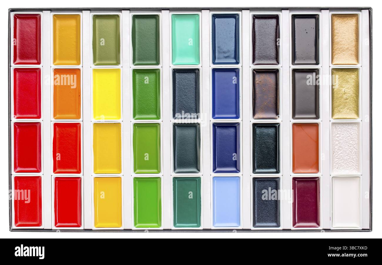 Traditionelle japanische Aquarelle - ein Satz von 36 Farben in einer Box isoliert auf weiß Stockfoto