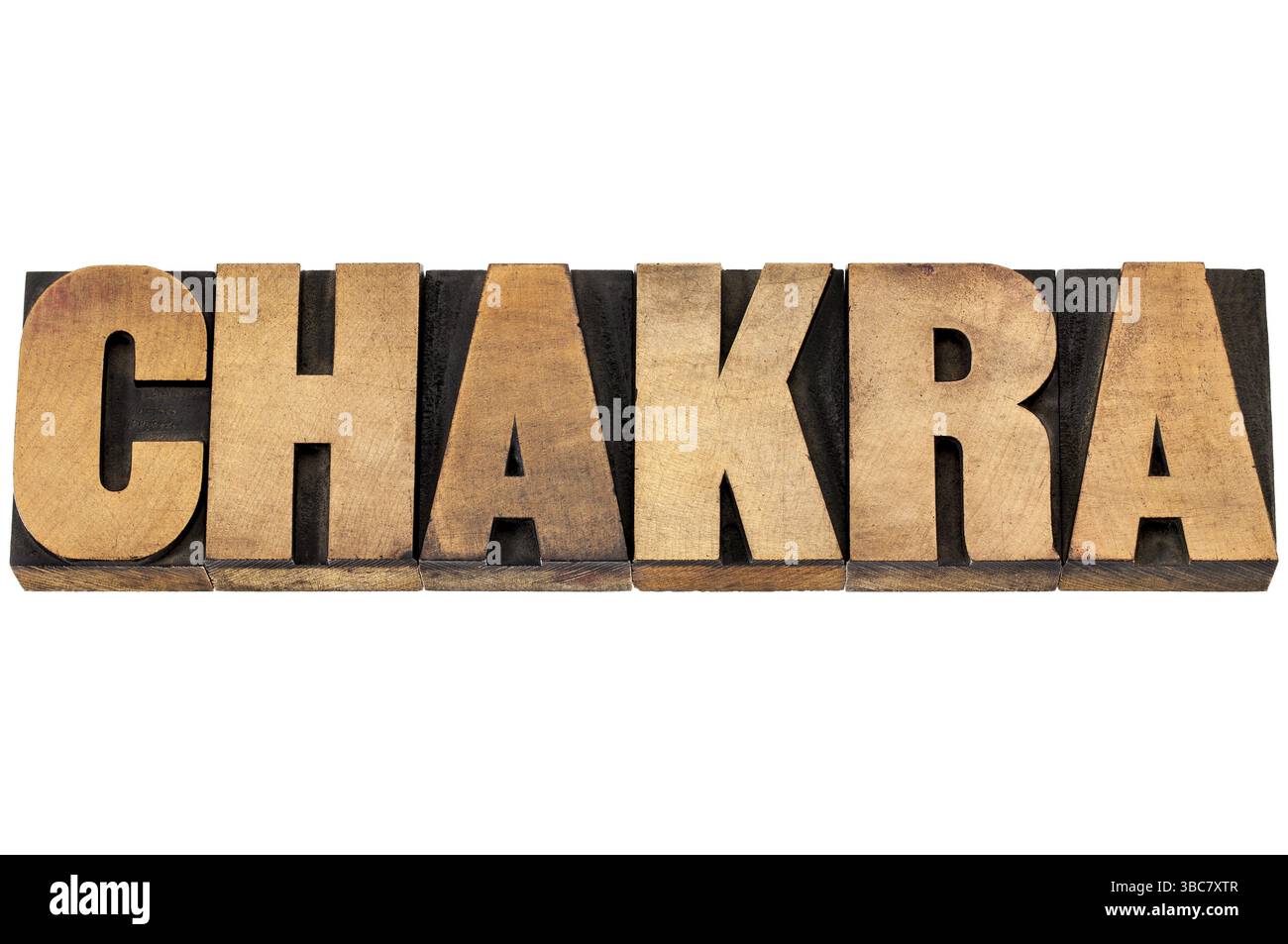 Chakra-Wort - Lebenskraft oder Lebensenergie-Konzept - isolierter Text in Buchdruckblöcken Stockfoto