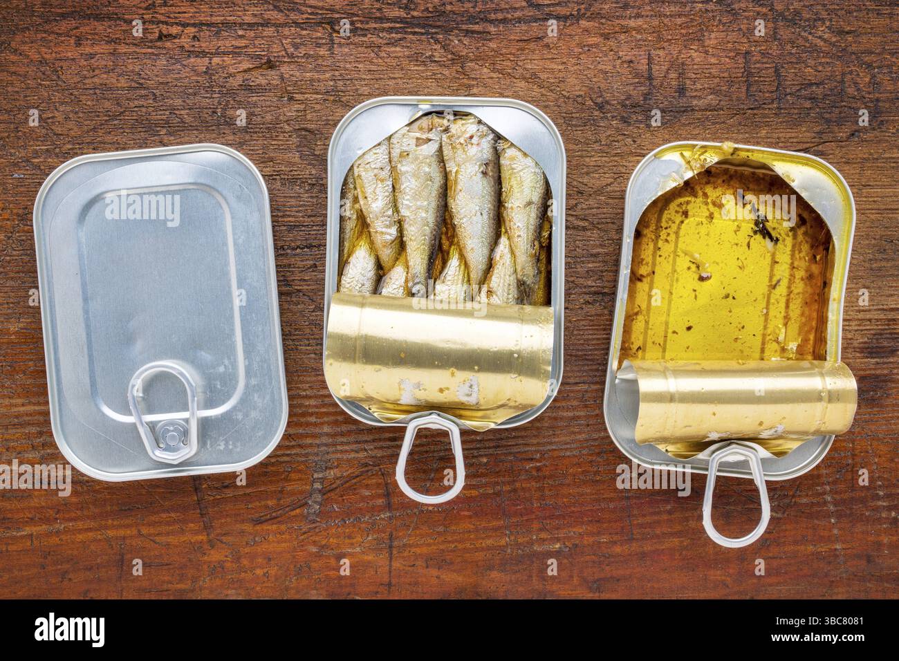 Wilde Sardinen, die in nativem Olivenöl extra gekonnt werden - drei Dosen auf einem rustikalen Holz Stockfoto