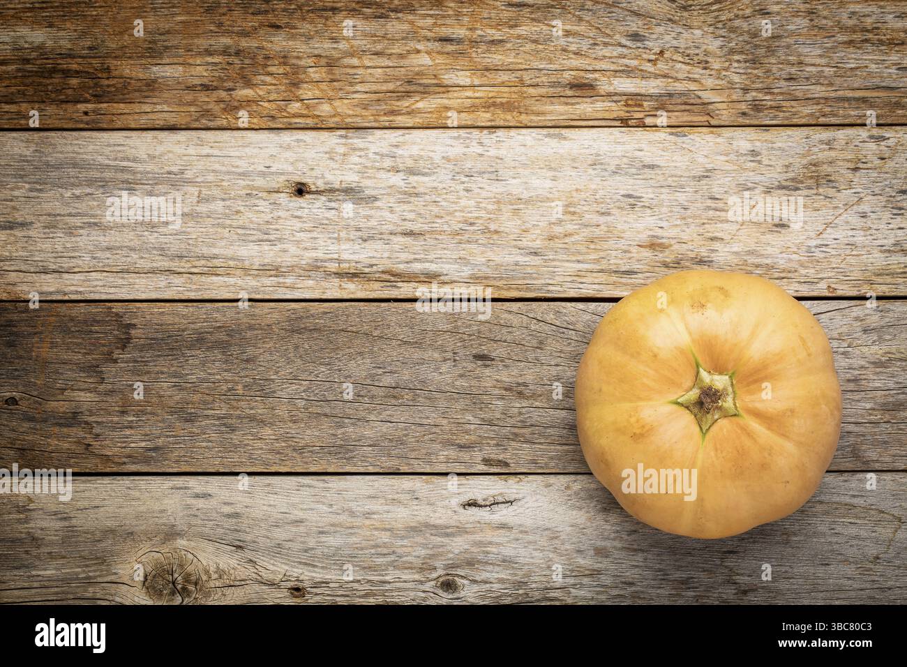 Runder Winterkürbis auf einem verwitterten Scheunenholz mit Kopierraum Stockfoto