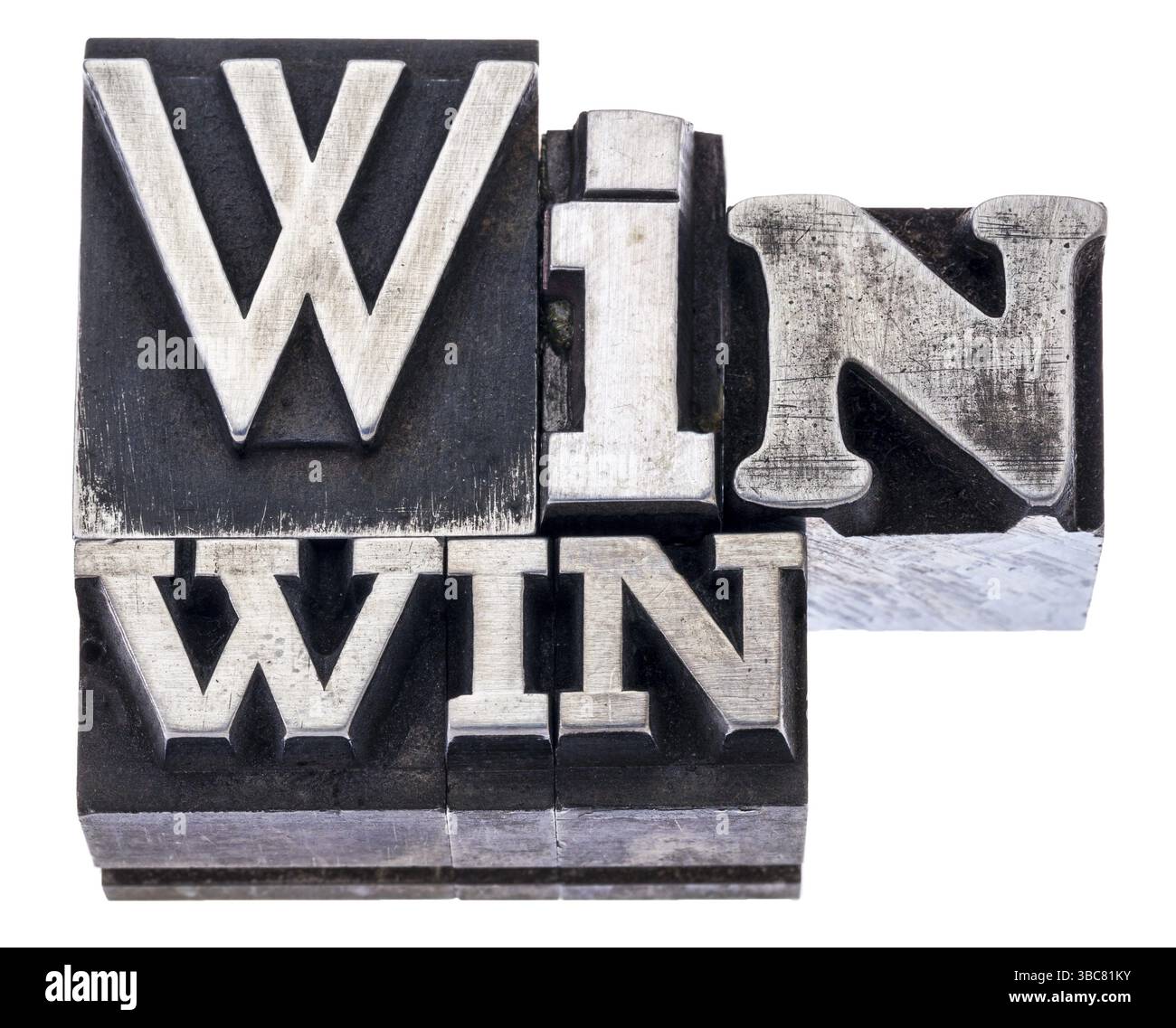 Win-Win-Strategie in gemischten Vintage-Druckblöcken, isoliert auf weiß Stockfoto