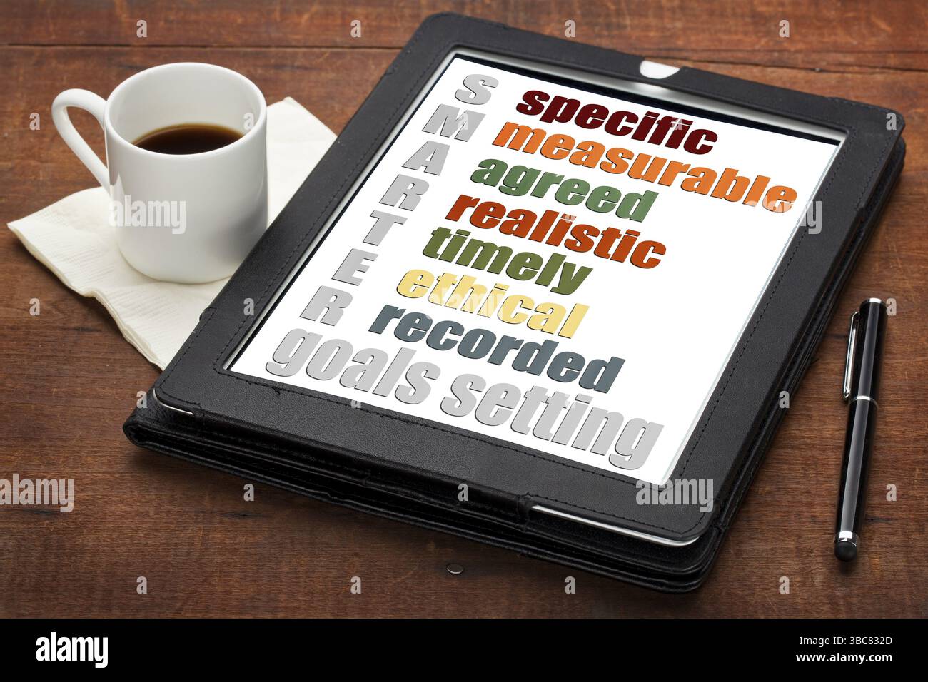 INTELLIGENTER (spezifisch, messbar, vereinbart, realistisch, zeitnah, ehtical, Recorded) Zielsetzungs-Konzept auf einem digitalen Tablet-Computer mit Espresso-Kaffee Stockfoto