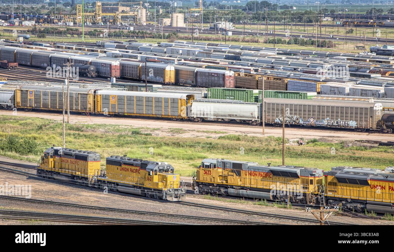 North Platte, NE, USA - 14. Juli 2014: Union Pacific's Bailey Rail Station vom Golden Spike Tower. Hier trifft Osten auf Westen auf die Union Pacific lin Stockfoto