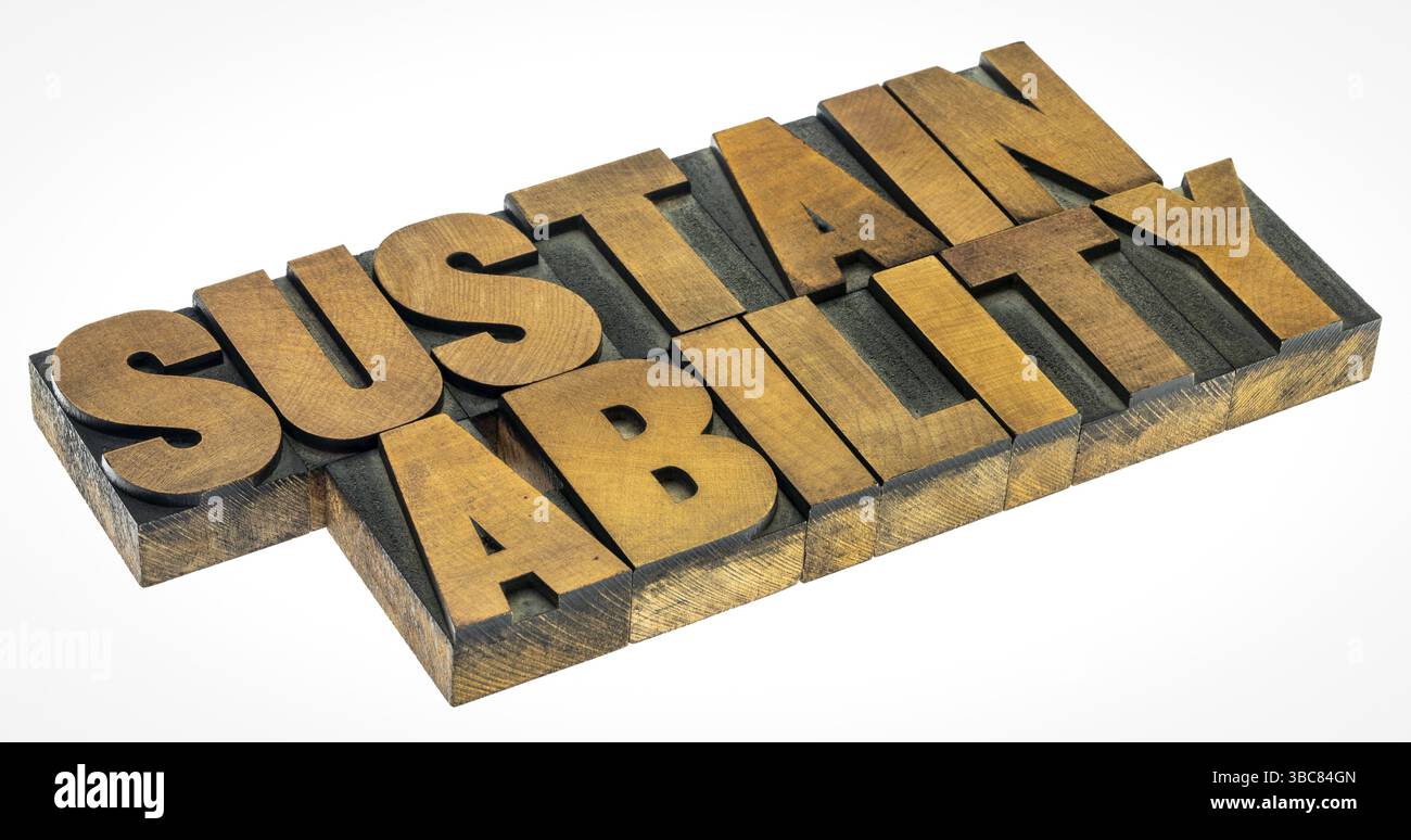 Nachhaltigkeit - isoliertes Wort im Buchdruckholztyp, Fähigkeit der Biosphäre und der menschlichen Zivilisation zu koexistieren Stockfoto