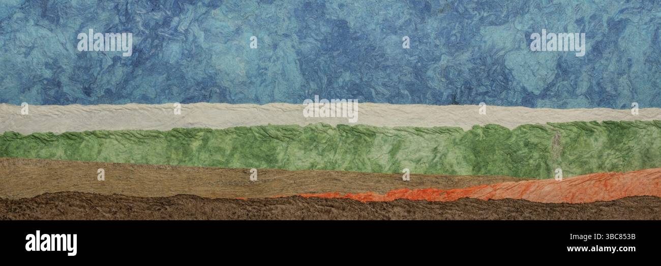 Abstrakte Landschaft mit bunten Blättern aus Amate-Rinde-Papier, hergestellt in Mexiko, Panorama-Banner Stockfoto