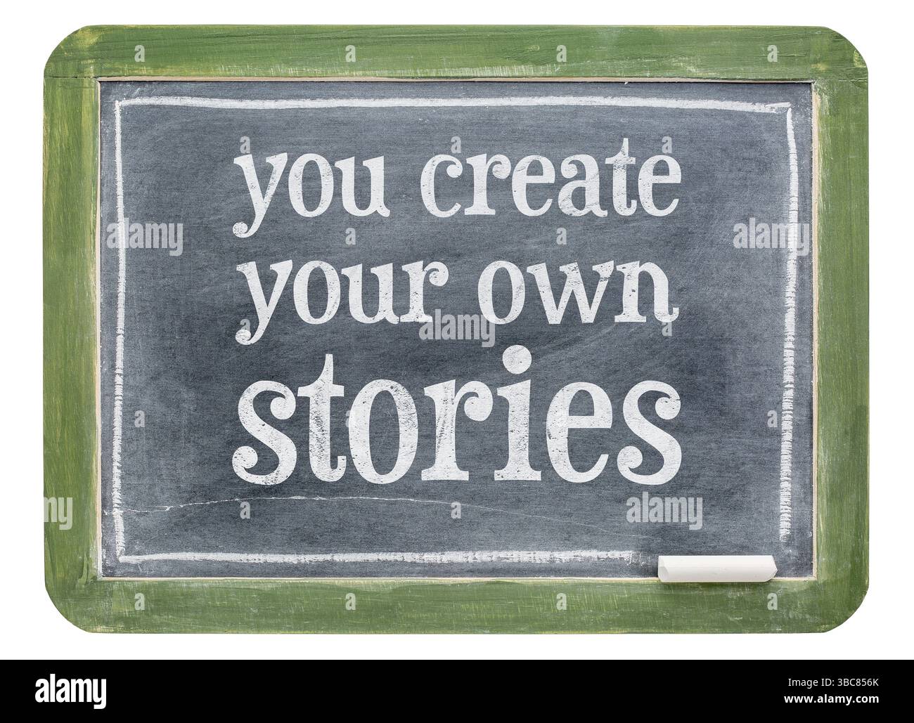 Sie erstellen Ihre eigenen Geschichten - weiße Kreide Text auf einer Schiefertafel Tafel Stockfoto
