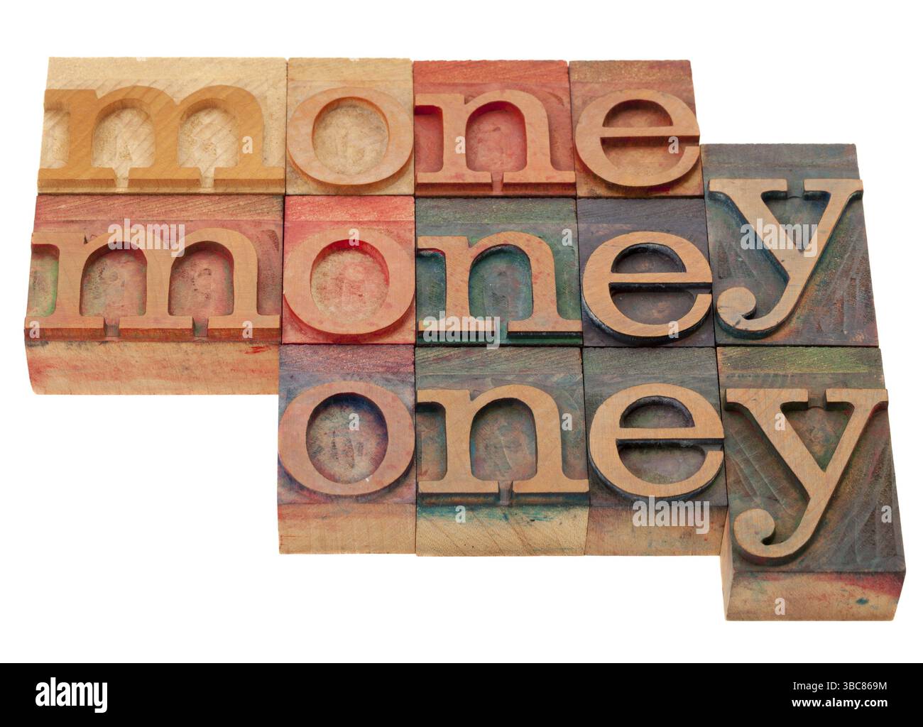 Geld - Wortabstract in Vintage Holzlettepress Druckblöcken, gebeizt mit Farbtinten, isoliert auf weiß Stockfoto