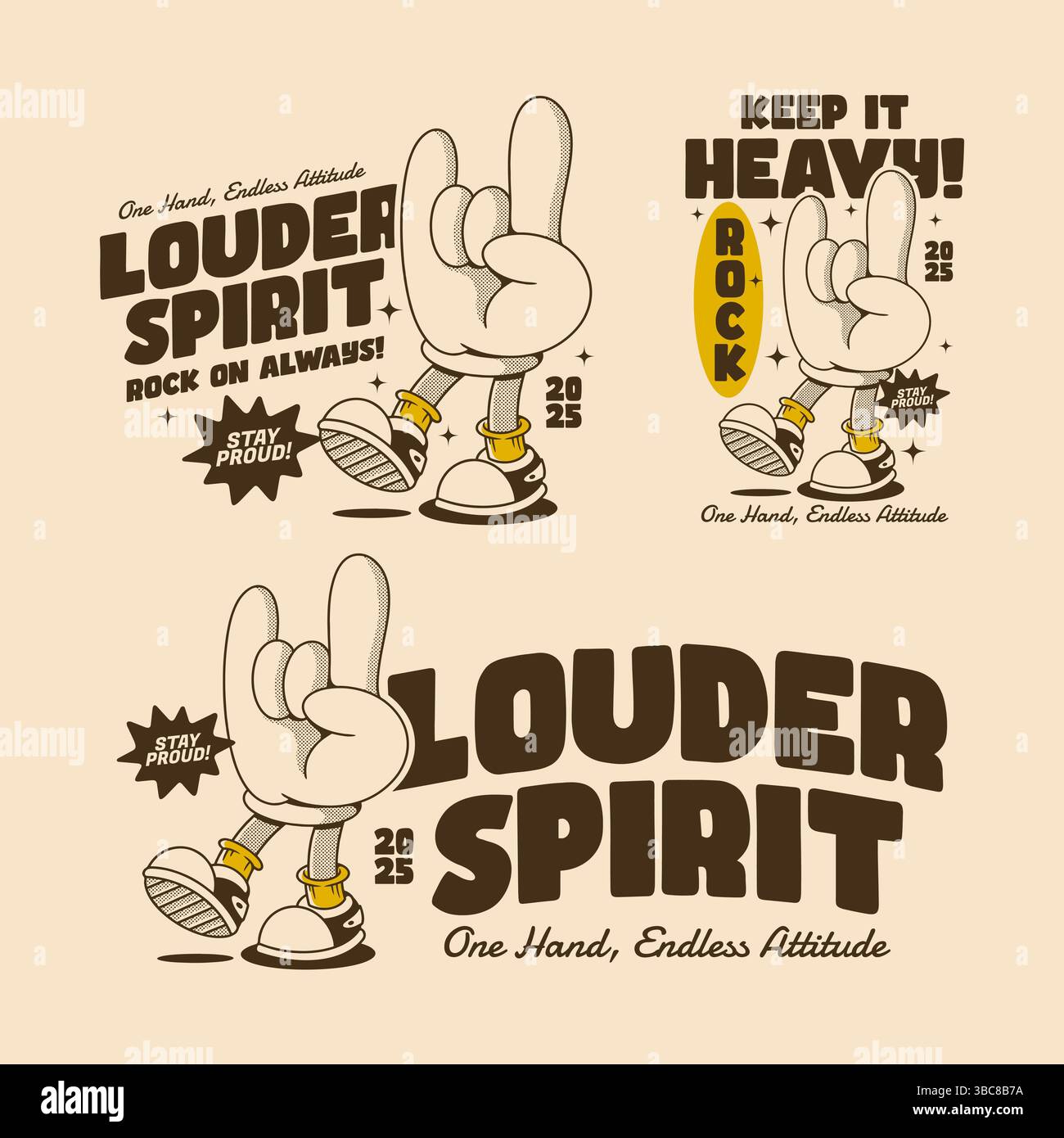 Drei coole Rock-Kunstwerke mit lustiger Vintage-Attitüde und Cartoon-Vibes Stock Vektor