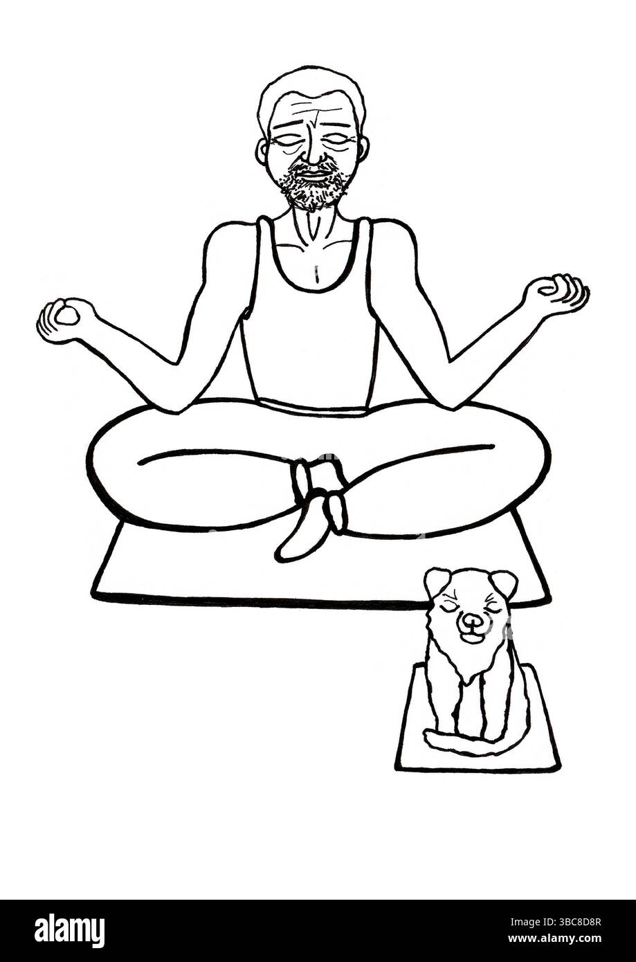 Ein alter Mann meditiert in Lotusposition. Auf einer Matte. Kleiner Hund auf Matte neben ihm. Beide haben ihre Augen geschlossen. Mann mit Bart, in T-Shirt, Muskeln sind sichtbar. Strichgrafik. Schwarze Kontur. Weißer Hintergrund. Stockfoto