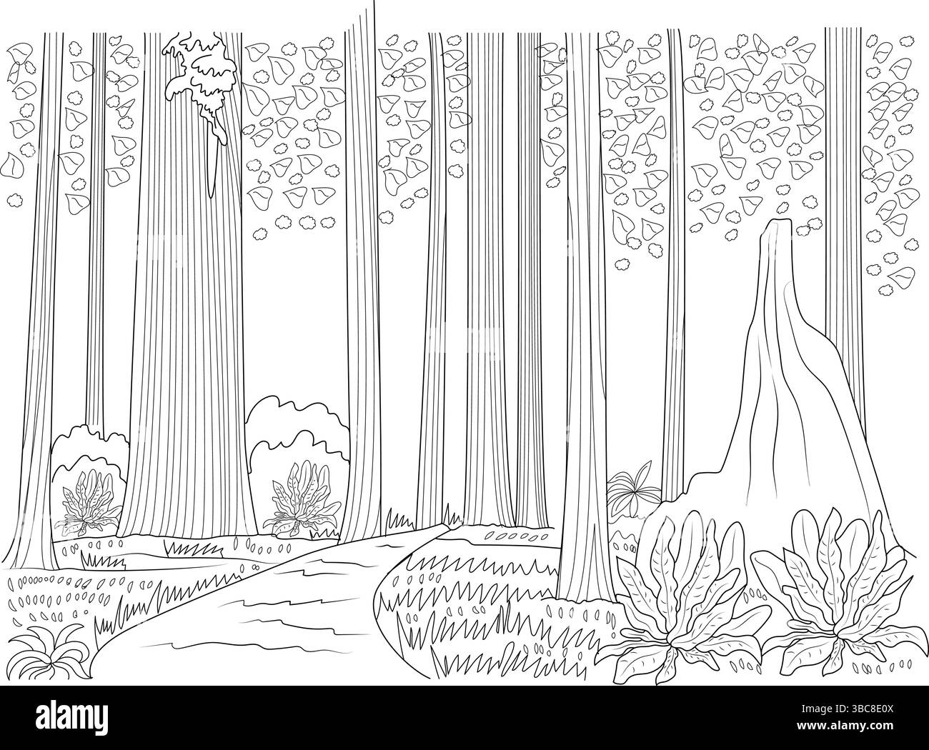 Schwarz-weiße Strichgrafik, die einen malerischen Pfad zeigt, der sich durch die riesigen Mammutbäume des Humboldt Redwoods State Park in Kalifornien schlängelt. I Stock Vektor