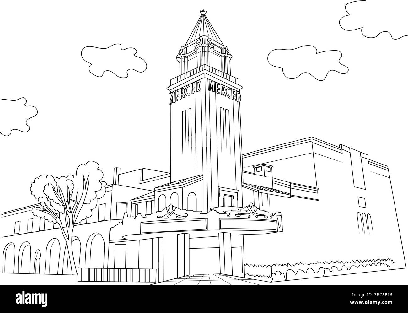 Schwarz-weiße Strichzeichnung des ikonischen Gebäudes des Merced Theatre in Merced, Kalifornien. Verfügt über den markanten Turm mit dem Stock Vektor
