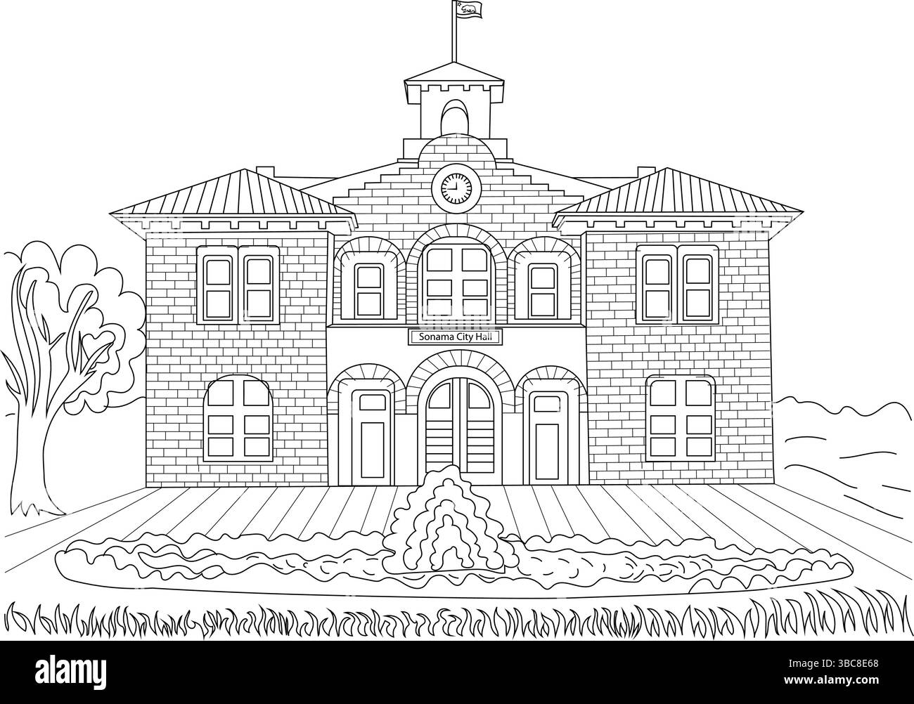 Detaillierte Strichgrafik des historischen Sonoma City Hall Gebäudes in Sonoma Plaza, Kalifornien. Die Zeichnung enthält die Architektur Stock Vektor