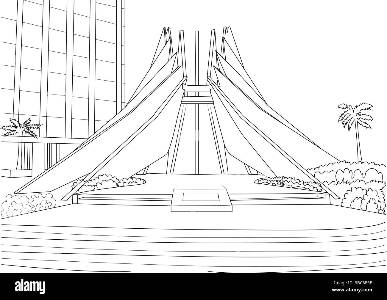 Einfache schwarz-weiße Strichgrafik-Illustration des Martin Luther King Jr. Memorial in Kalifornien. Zeigt das ikonische Denkmal mit umliegender Landsc Stock Vektor