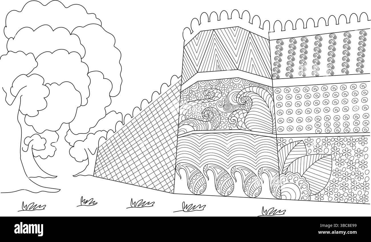 Schwarz-weiße Strichgrafik-Illustration mit einer detaillierten Fantasy-Burgmauer mit verschiedenen komplizierten Mustern und einem großen Baum daneben. Perfekt für Stock Vektor