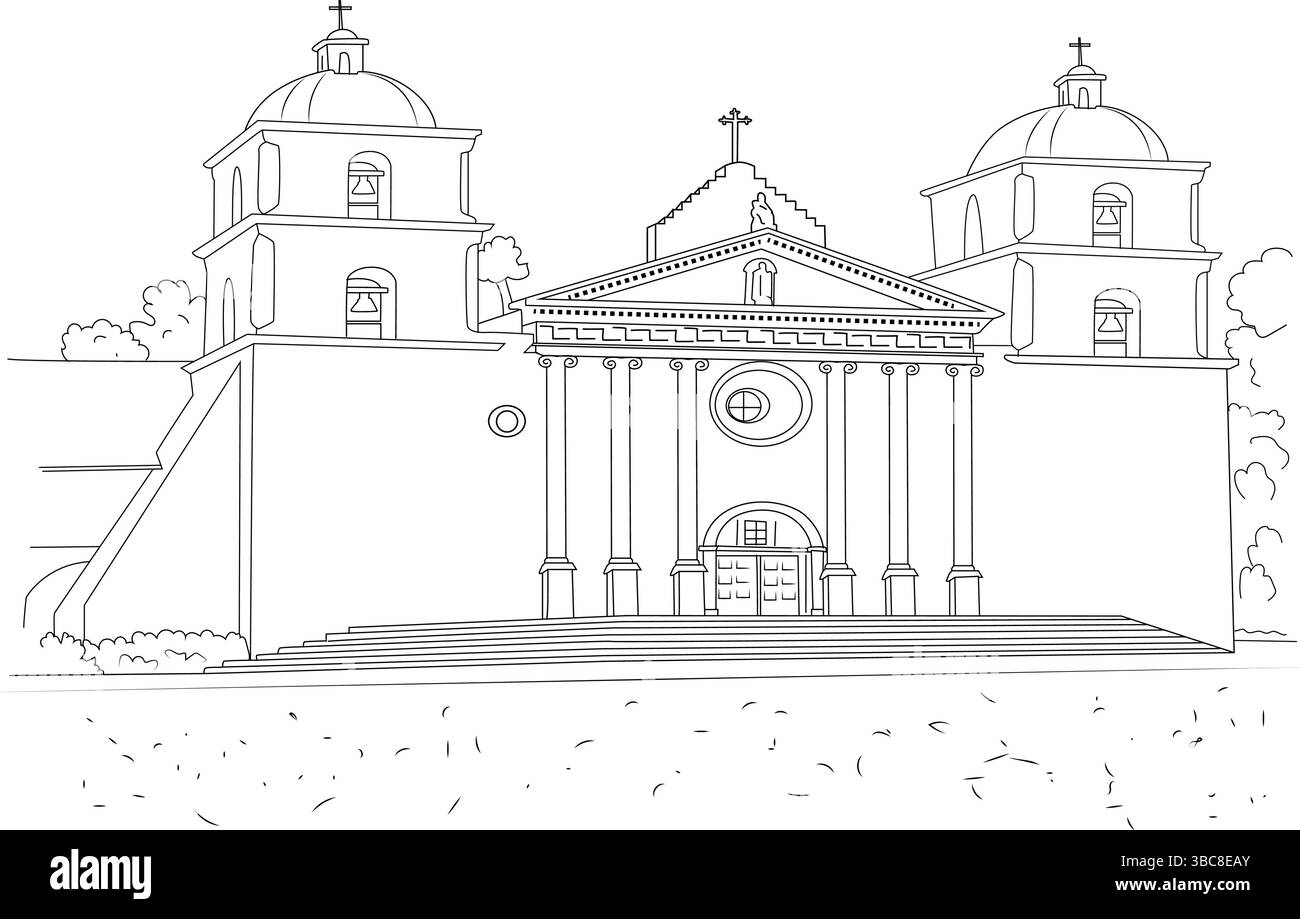 Einfache schwarz-weiße Strichgrafik der legendären Old Mission Santa Barbara in Kalifornien mit ihrer unverwechselbaren Fassade, den Türmen und der Treppe Stock Vektor
