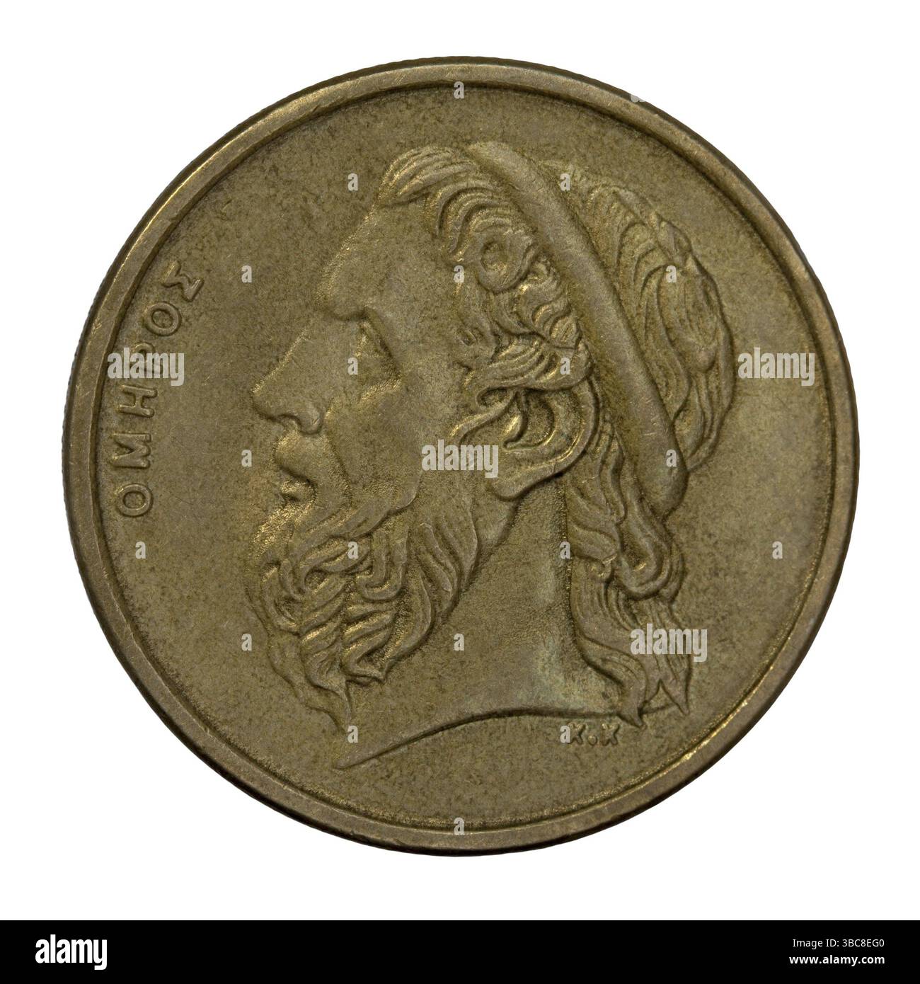 Porträt von Homer, legendärem antiken griechischen Epos-Dichter, Autor der Ilias und der Odyssee, 50 Drachmen-Umlauf-Münze aus dem Jahr 1988 (Kupfer mit Alumnium) Stockfoto
