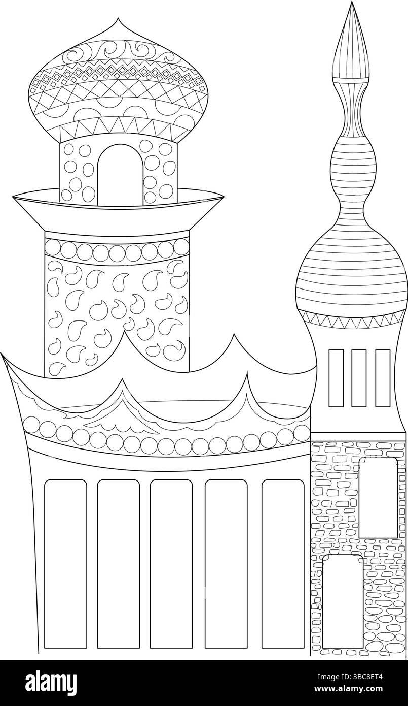 Detaillierte schwarz-weiße Linienzeichnung einer skurrilen Fantasy-Burg-ähnlichen Struktur mit komplizierten Mustern, Kuppeln und Türmen. Perfekt zum Färben von bo Stock Vektor