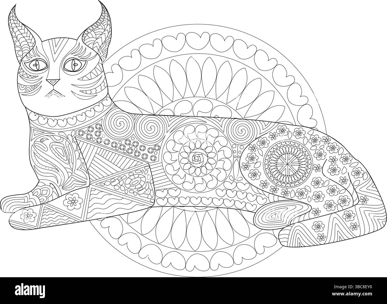 Komplexe schwarz-weiße Strichgrafik einer Katze mit detaillierten Mustern im Stil von zentangle und Mandala. Perfekt zum Färben von Erwachsenen Stock Vektor