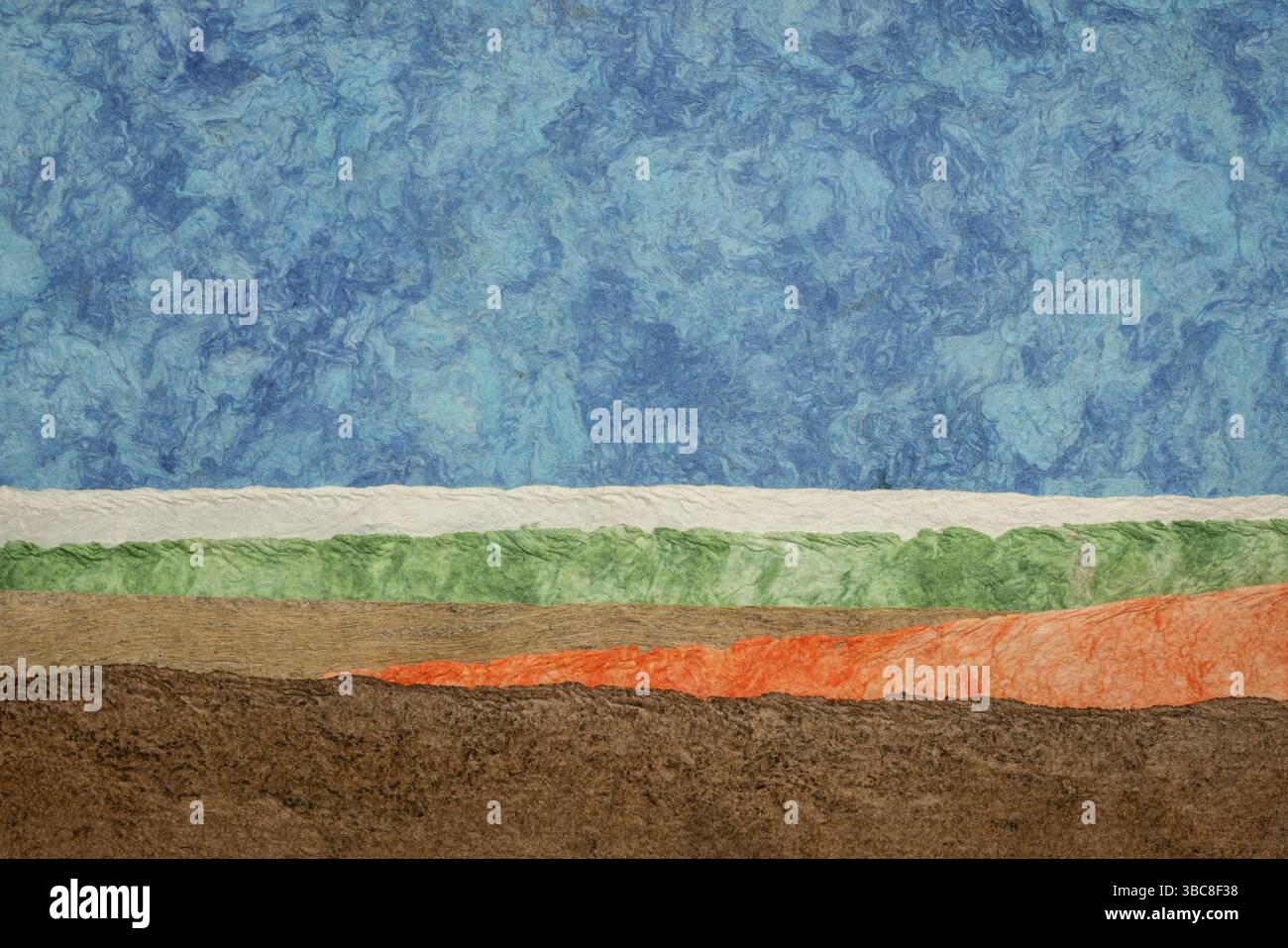 Abstrakte Landschaft mit bunten Blättern aus Amate-Rindenpapier, hergestellt in Mexiko Stockfoto