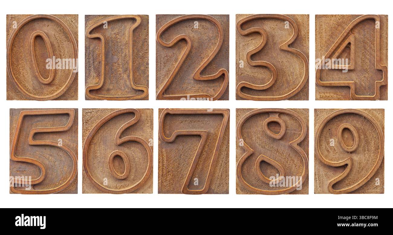 Ein Satz von isolierten 10 Zahlen von Null bis neun – Vintage-Buchdruck-Holzart, umrissene Schriftart Stockfoto