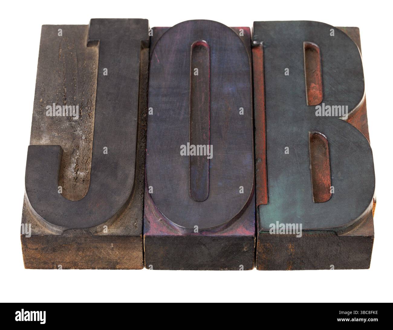 Job - Wort in Vintage Holzlettepress Druckblöcken, gebeizt mit Farbtinten, isoliert auf weiß Stockfoto