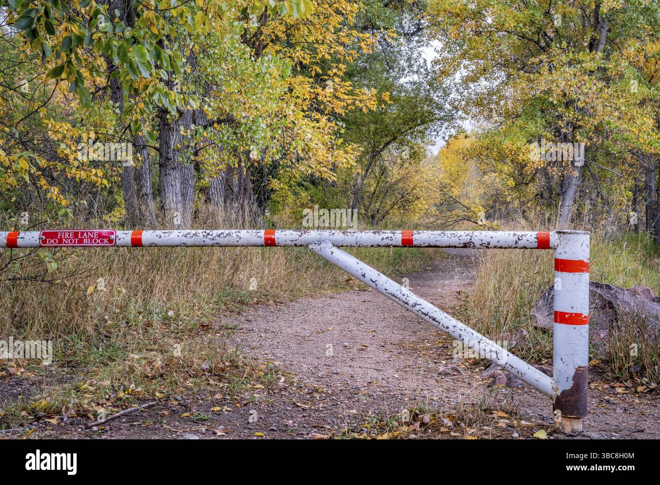 Trail und Feuerstraße mit Tor und herbstlicher Landschaft in Colorado Stockfoto